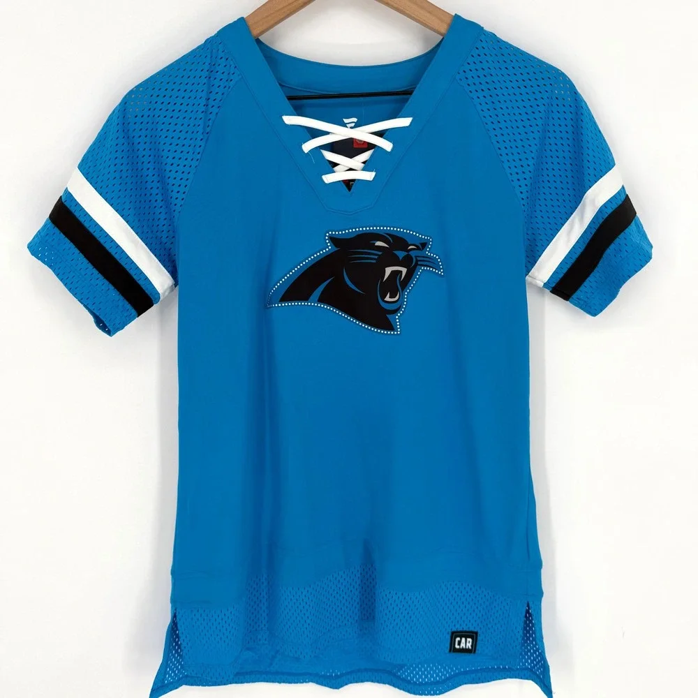 Fanatics Carolina Panthers Jersey Women Medium Blue NEW Lace Up V-Neck NFL Top - Picture 1 of 9